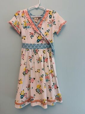 Wildflowers White Floral Wrap Dress with Pink and Blue Trim